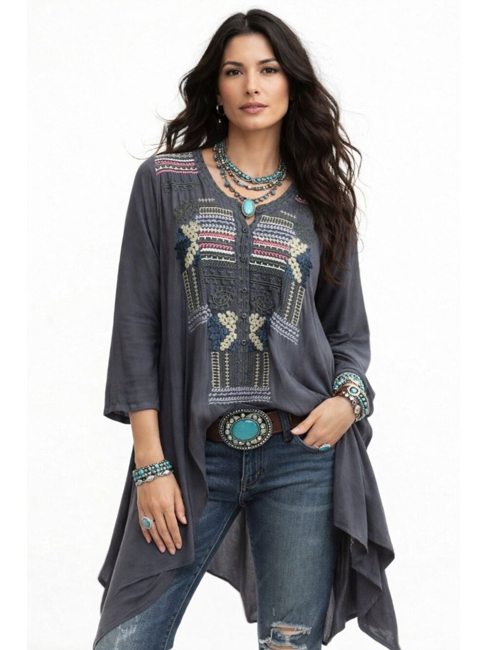 Free People Dark Gray Embroidered Santa Fe Southwest Tunic Top Dress 100% Silk S